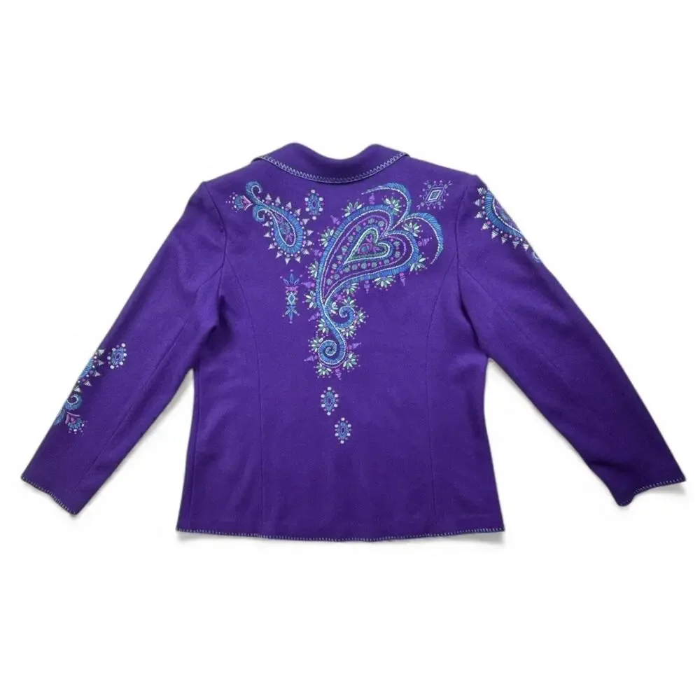 Bob Mackie Blazer Purple Wool Blend Art To Wear Boho Mod Retro Paisley Jacket L - Picture 7 of 10